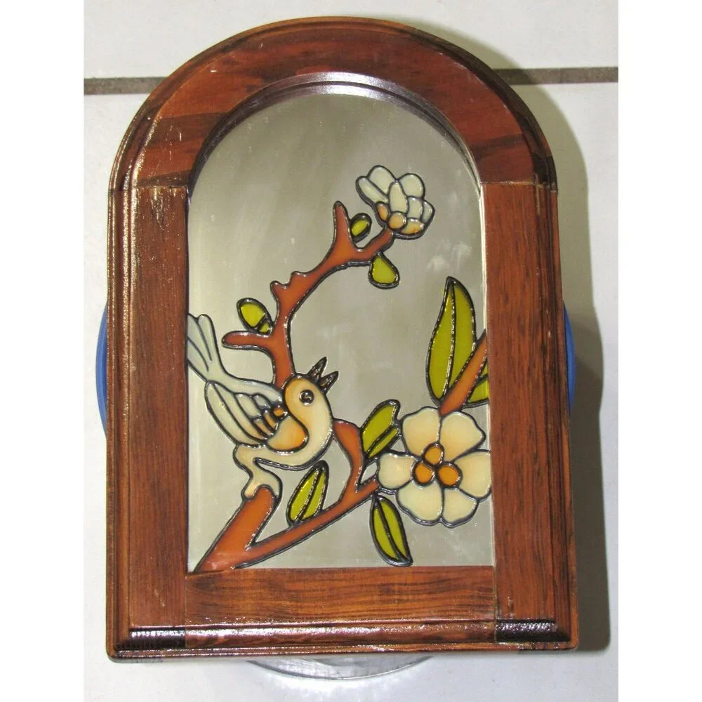 Stained Glass Wooden Framed Bird & Flower Design Wall Art